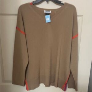 RHODES BOUTIQUE 100% Cashmere Tan V-Neck Sweater with Colorful Accents